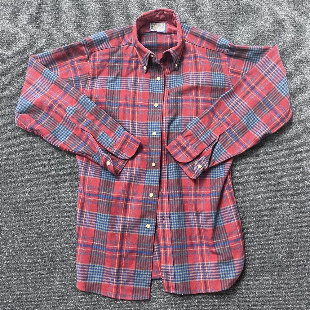 Vintage Pendleton Shirt Mens Medium Red Blue Plaid Wool Button Down Made USA 70s